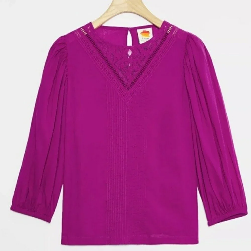 Farm Rio Anthropologie Kelsie Peasant Puff Sleeve Cotton Blend Blouse Top